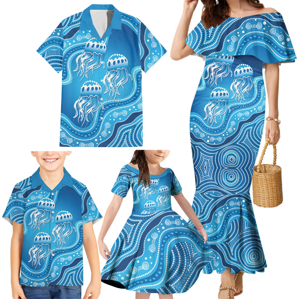 Aboriginal Ocean Jellyfish Family Matching Mermaid Dress and Hawaiian Shirt Dot Art Dreamtime Style