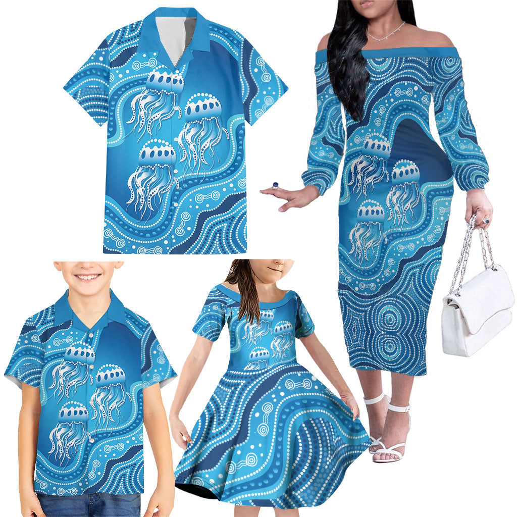 Aboriginal Ocean Jellyfish Family Matching Off The Shoulder Long Sleeve Dress and Hawaiian Shirt Dot Art Dreamtime Style