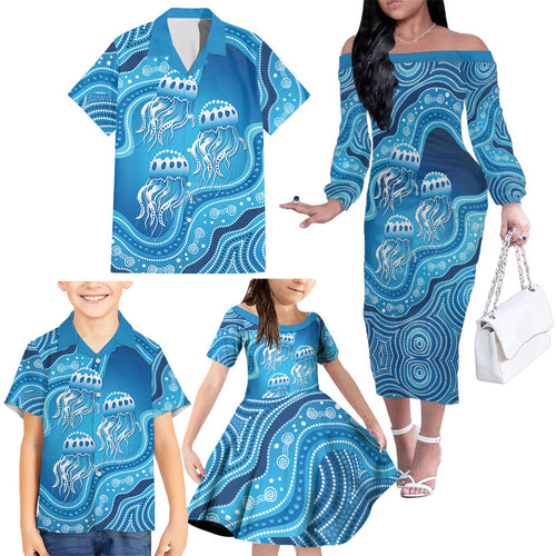 Aboriginal Ocean Jellyfish Family Matching Off The Shoulder Long Sleeve Dress and Hawaiian Shirt Dot Art Dreamtime Style