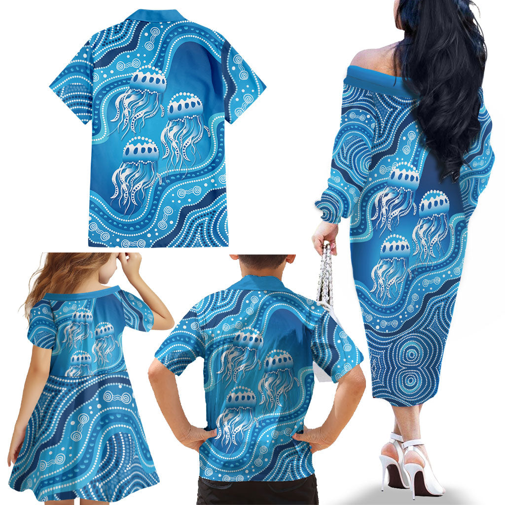 Aboriginal Ocean Jellyfish Family Matching Off The Shoulder Long Sleeve Dress and Hawaiian Shirt Dot Art Dreamtime Style