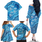 Aboriginal Ocean Jellyfish Family Matching Off The Shoulder Long Sleeve Dress and Hawaiian Shirt Dot Art Dreamtime Style