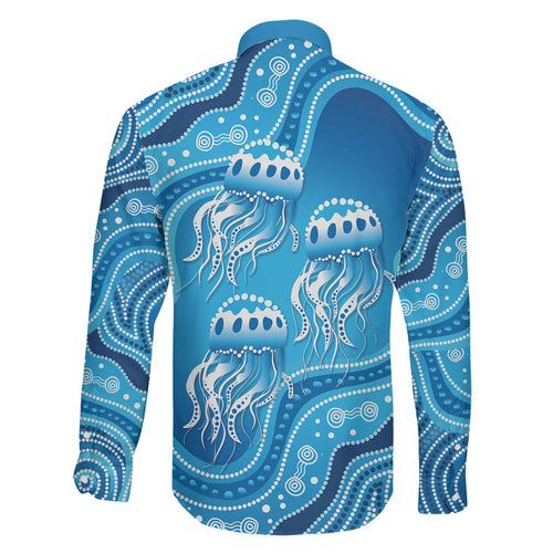 Aboriginal Ocean Jellyfish Family Matching Off The Shoulder Long Sleeve Dress and Hawaiian Shirt Dot Art Dreamtime Style