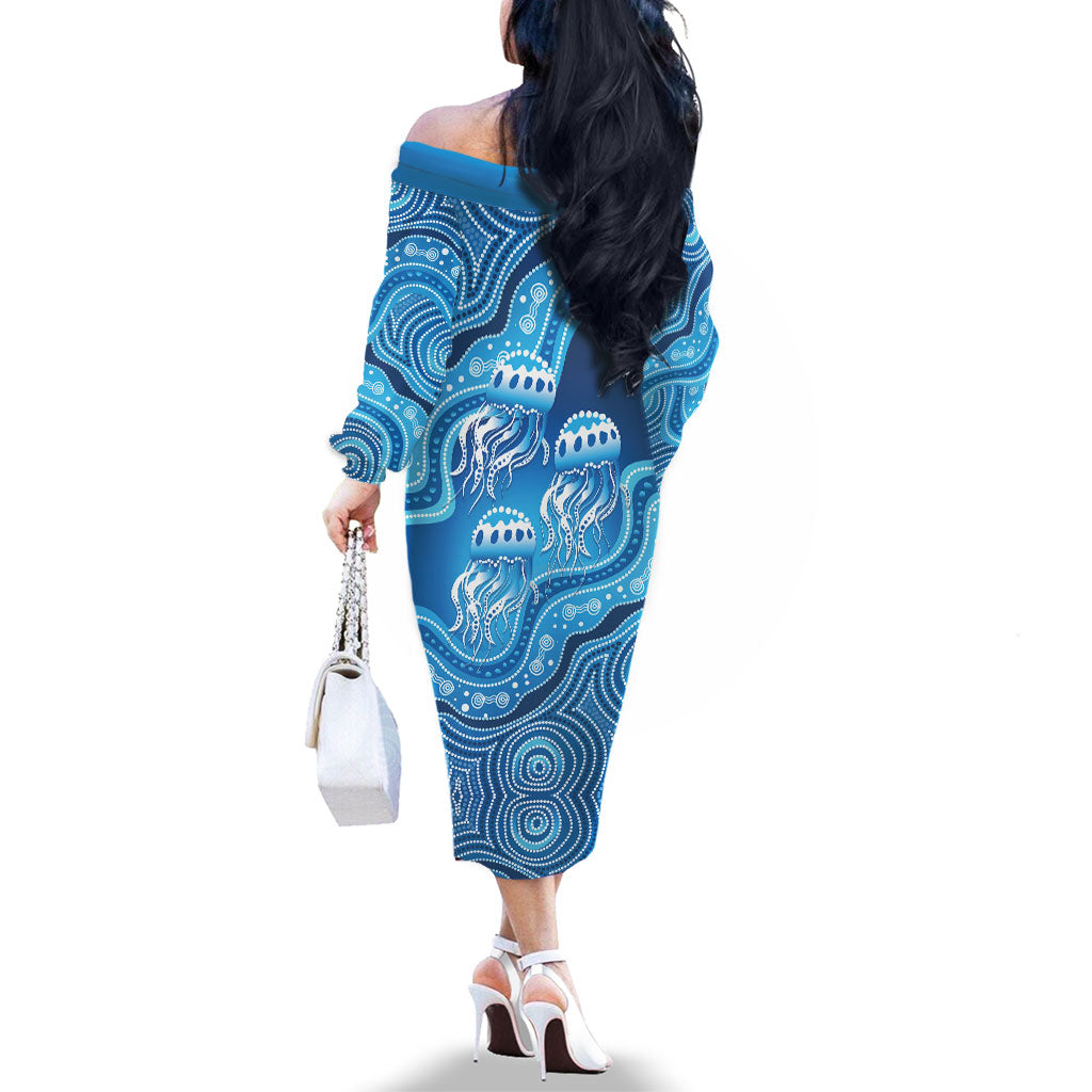 Aboriginal Ocean Jellyfish Family Matching Off The Shoulder Long Sleeve Dress and Hawaiian Shirt Dot Art Dreamtime Style