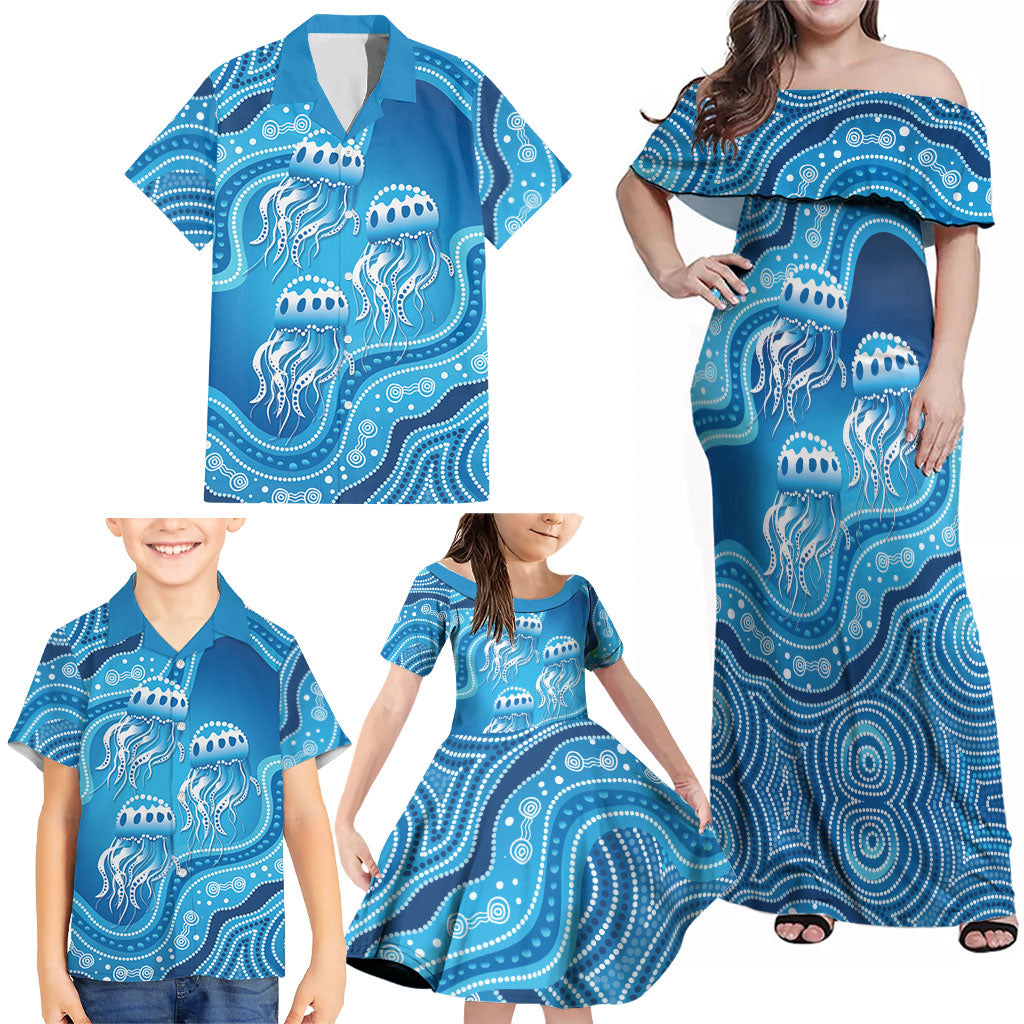 Aboriginal Ocean Jellyfish Family Matching Off Shoulder Maxi Dress and Hawaiian Shirt Dot Art Dreamtime Style