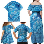 Aboriginal Ocean Jellyfish Family Matching Off Shoulder Maxi Dress and Hawaiian Shirt Dot Art Dreamtime Style