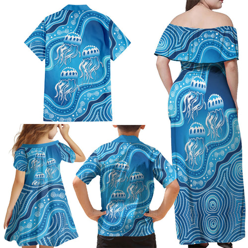 Aboriginal Ocean Jellyfish Family Matching Off Shoulder Maxi Dress and Hawaiian Shirt Dot Art Dreamtime Style