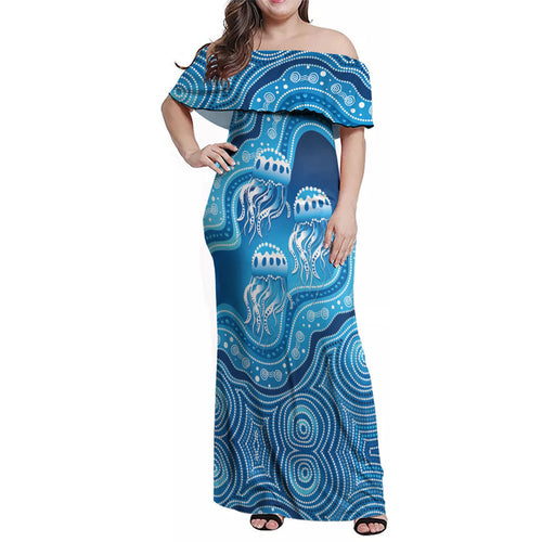 Aboriginal Ocean Jellyfish Family Matching Off Shoulder Maxi Dress and Hawaiian Shirt Dot Art Dreamtime Style