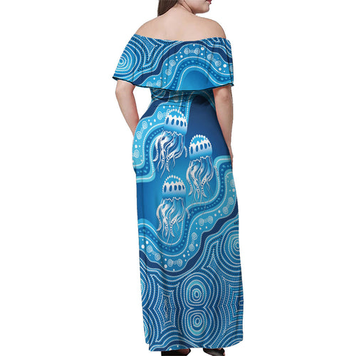 Aboriginal Ocean Jellyfish Family Matching Off Shoulder Maxi Dress and Hawaiian Shirt Dot Art Dreamtime Style