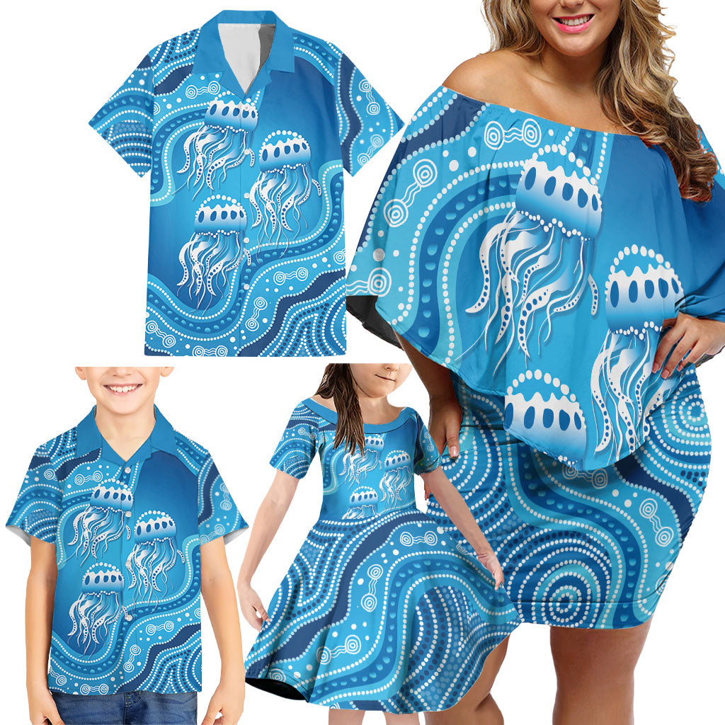 Aboriginal Ocean Jellyfish Family Matching Off Shoulder Short Dress and Hawaiian Shirt Dot Art Dreamtime Style