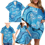 Aboriginal Ocean Jellyfish Family Matching Off Shoulder Short Dress and Hawaiian Shirt Dot Art Dreamtime Style