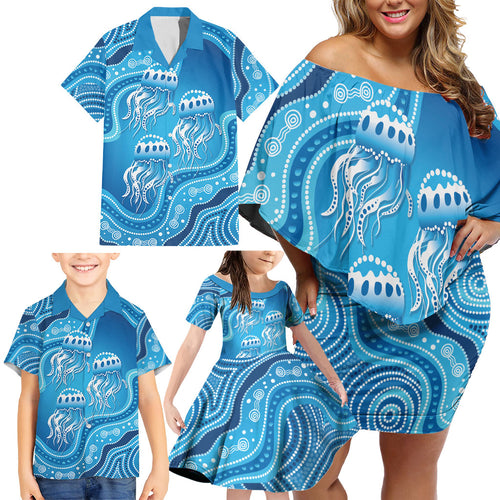 Aboriginal Ocean Jellyfish Family Matching Off Shoulder Short Dress and Hawaiian Shirt Dot Art Dreamtime Style