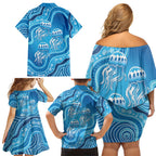 Aboriginal Ocean Jellyfish Family Matching Off Shoulder Short Dress and Hawaiian Shirt Dot Art Dreamtime Style