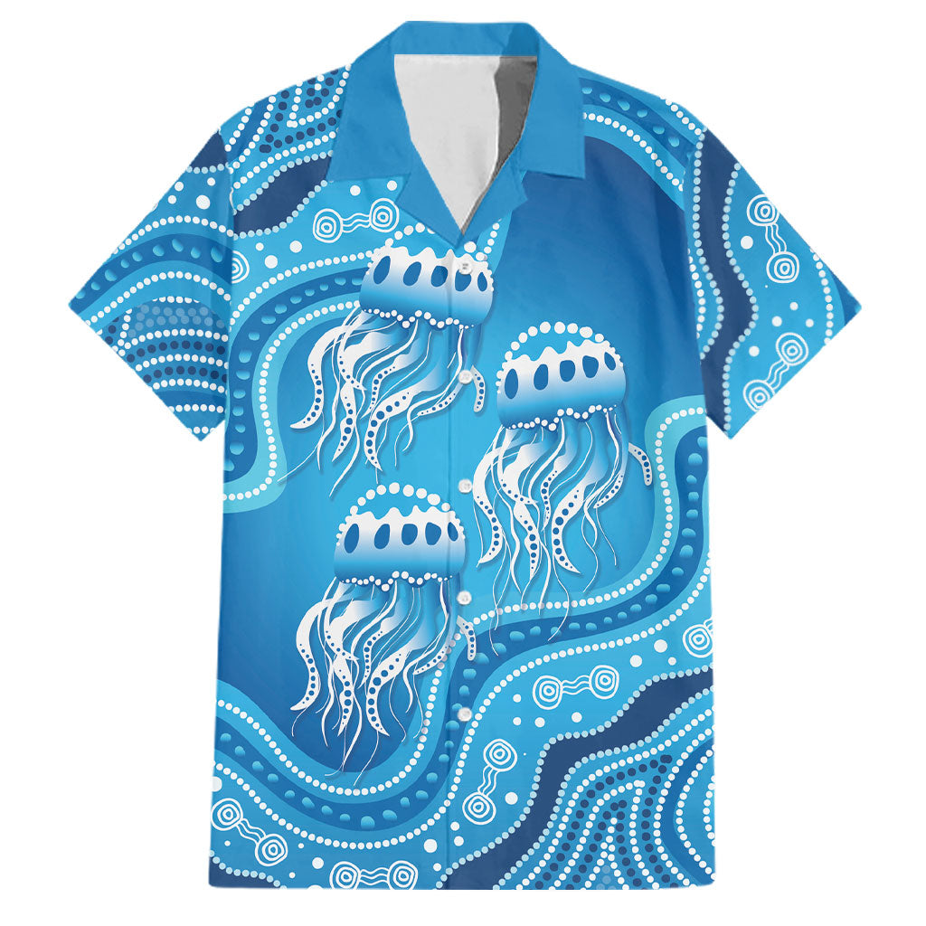 Aboriginal Ocean Jellyfish Family Matching Off Shoulder Short Dress and Hawaiian Shirt Dot Art Dreamtime Style