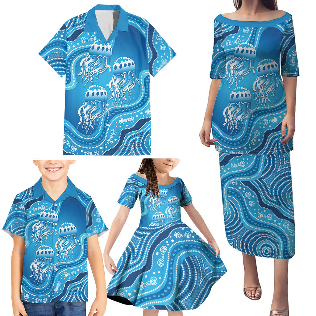 Aboriginal Ocean Jellyfish Family Matching Puletasi and Hawaiian Shirt Dot Art Dreamtime Style