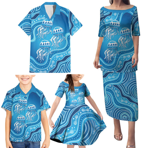 Aboriginal Ocean Jellyfish Family Matching Puletasi and Hawaiian Shirt Dot Art Dreamtime Style