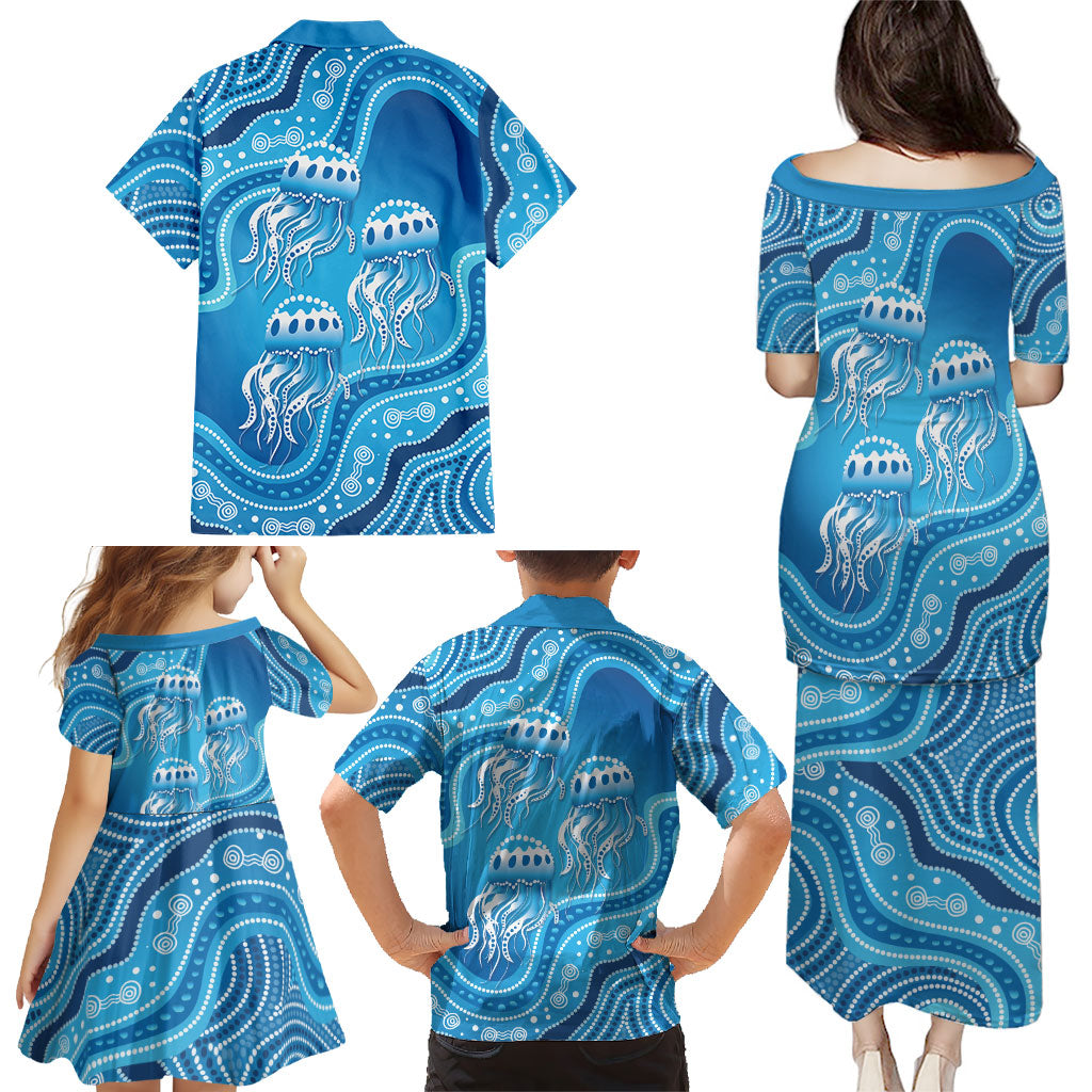 Aboriginal Ocean Jellyfish Family Matching Puletasi and Hawaiian Shirt Dot Art Dreamtime Style