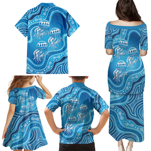 Aboriginal Ocean Jellyfish Family Matching Puletasi and Hawaiian Shirt Dot Art Dreamtime Style