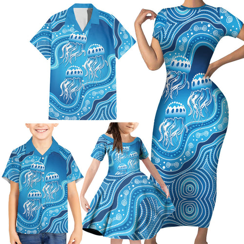 Aboriginal Ocean Jellyfish Family Matching Short Sleeve Bodycon Dress and Hawaiian Shirt Dot Art Dreamtime Style
