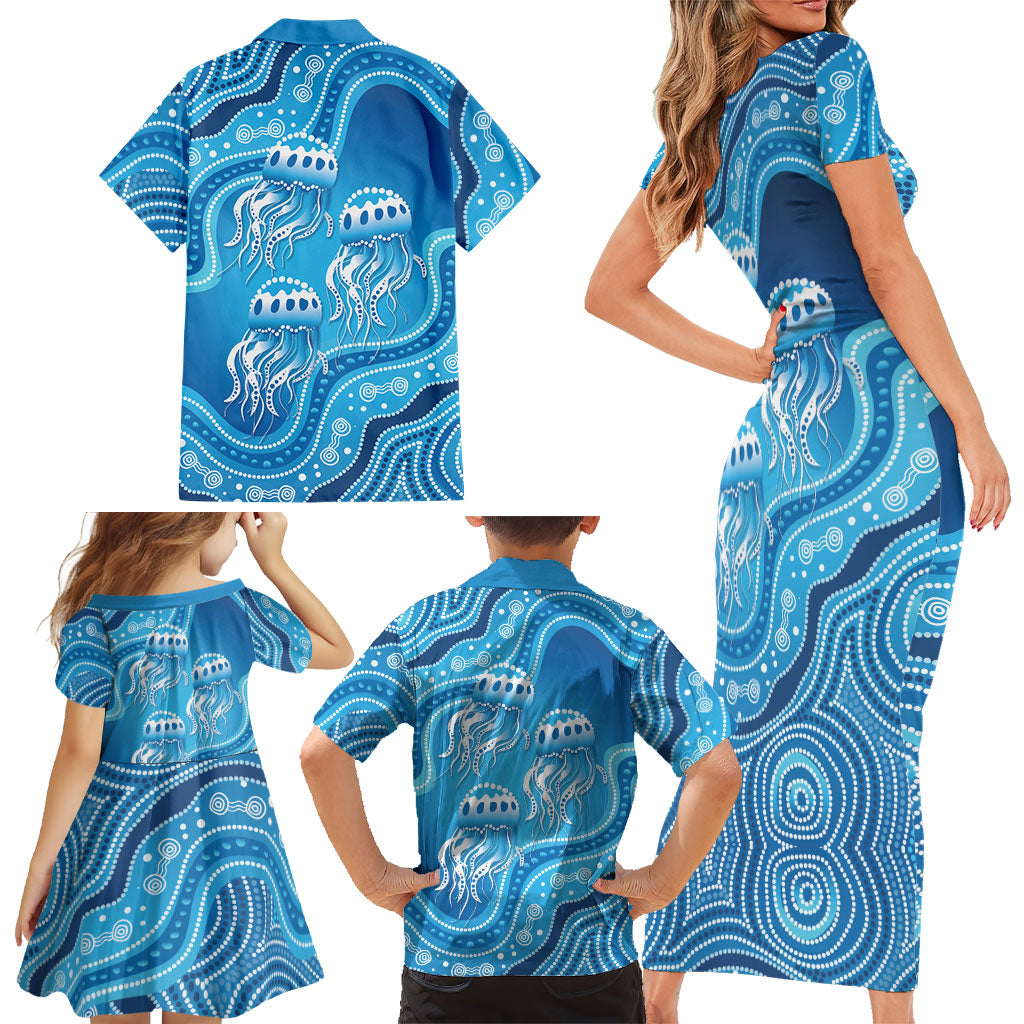 Aboriginal Ocean Jellyfish Family Matching Short Sleeve Bodycon Dress and Hawaiian Shirt Dot Art Dreamtime Style