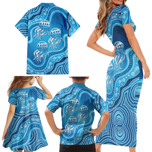 Aboriginal Ocean Jellyfish Family Matching Short Sleeve Bodycon Dress and Hawaiian Shirt Dot Art Dreamtime Style