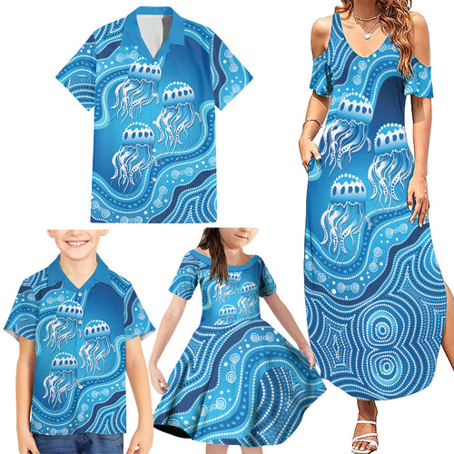 Aboriginal Ocean Jellyfish Family Matching Summer Maxi Dress and Hawaiian Shirt Dot Art Dreamtime Style
