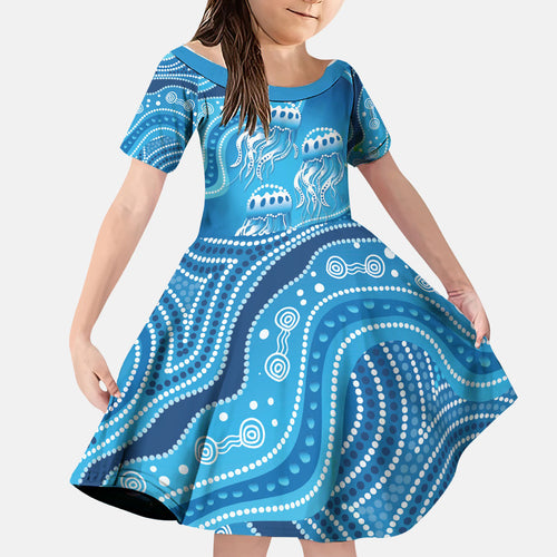 Aboriginal Ocean Jellyfish Family Matching Summer Maxi Dress and Hawaiian Shirt Dot Art Dreamtime Style