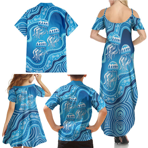 Aboriginal Ocean Jellyfish Family Matching Summer Maxi Dress and Hawaiian Shirt Dot Art Dreamtime Style