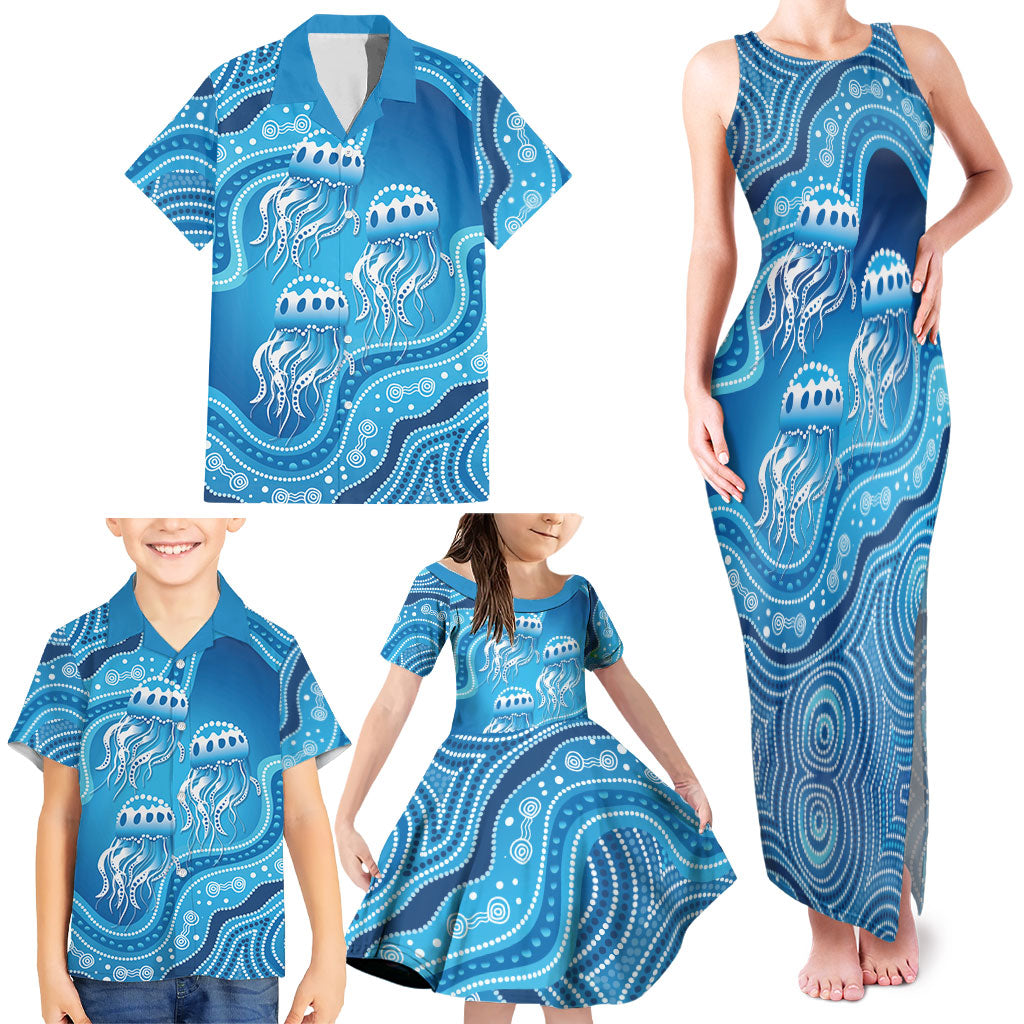 Aboriginal Ocean Jellyfish Family Matching Tank Maxi Dress and Hawaiian Shirt Dot Art Dreamtime Style