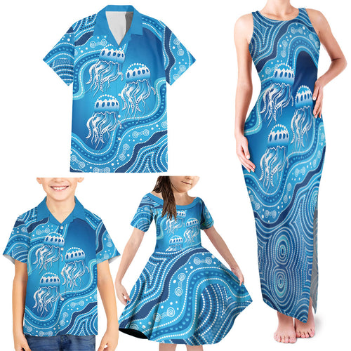 Aboriginal Ocean Jellyfish Family Matching Tank Maxi Dress and Hawaiian Shirt Dot Art Dreamtime Style