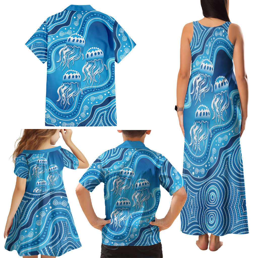 Aboriginal Ocean Jellyfish Family Matching Tank Maxi Dress and Hawaiian Shirt Dot Art Dreamtime Style