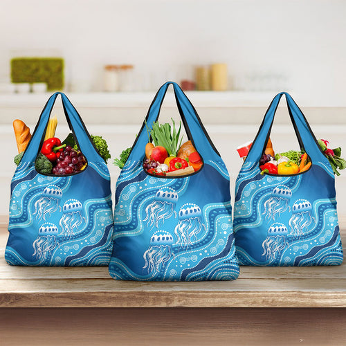 Aboriginal Ocean Jellyfish Grocery Bag Dot Art Dreamtime Style