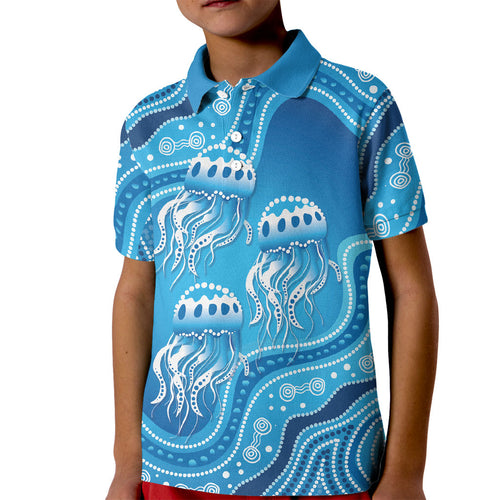 Aboriginal Ocean Jellyfish Kid Polo Shirt Dot Art Dreamtime Style