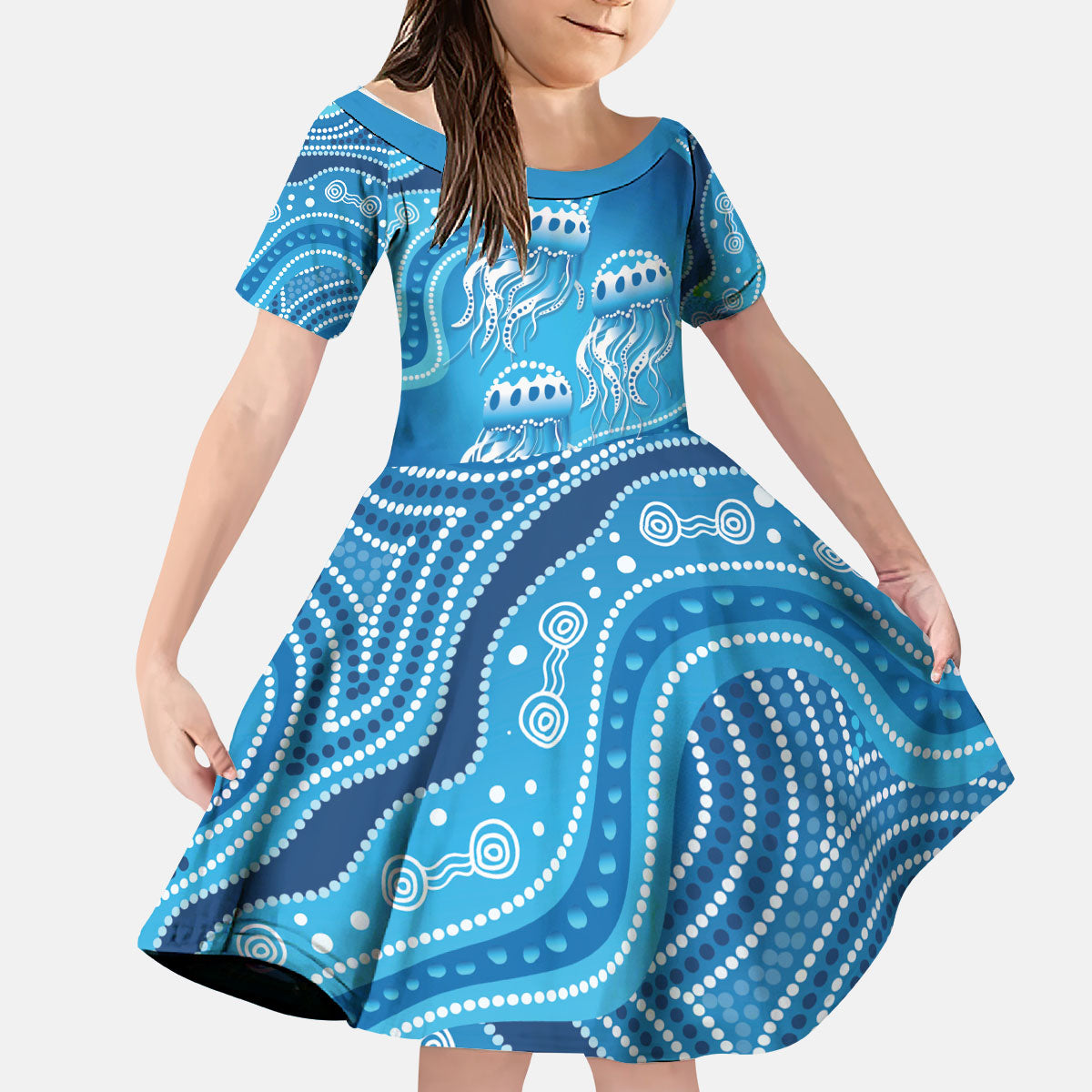 Aboriginal Ocean Jellyfish Kid Short Sleeve Dress Dot Art Dreamtime Style