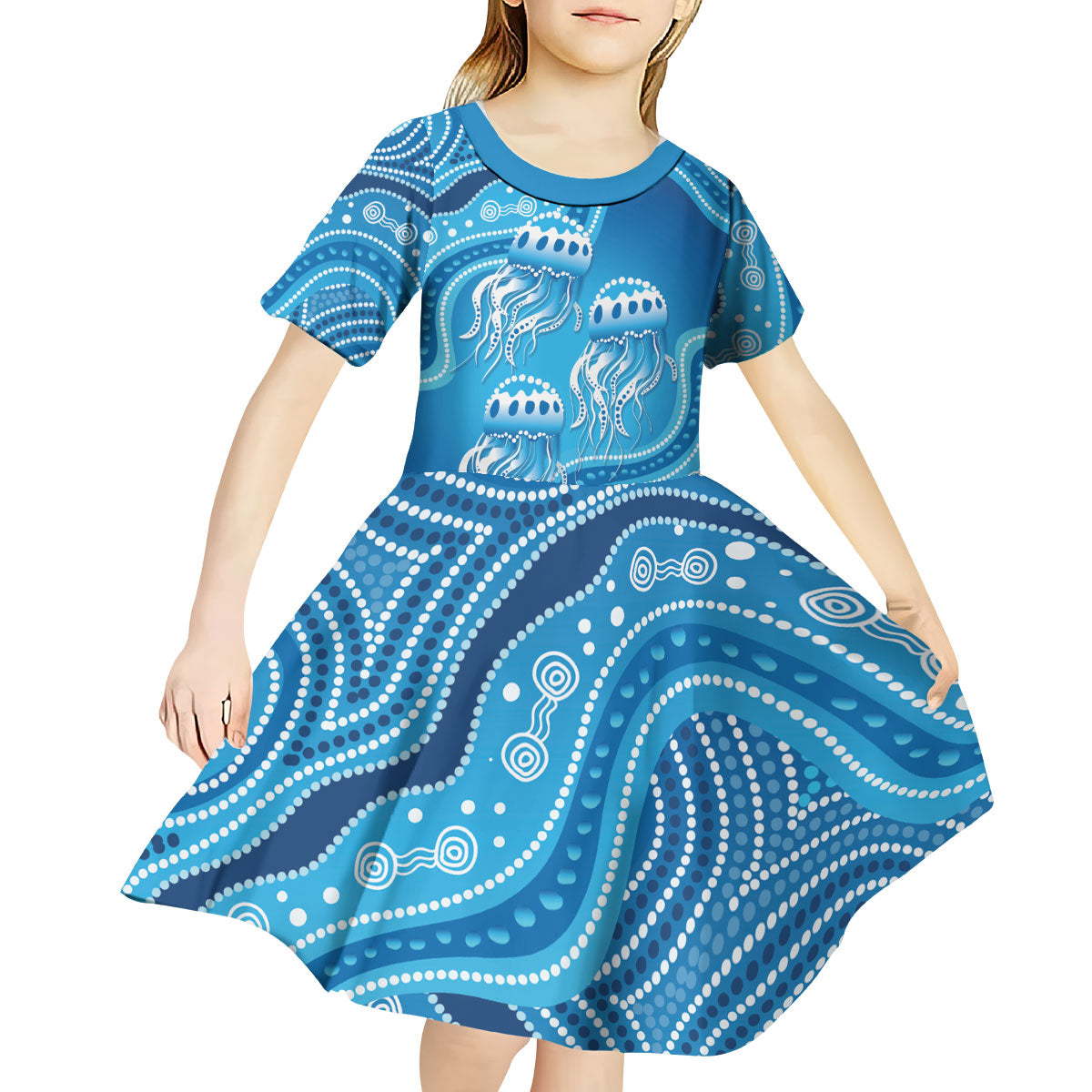 Aboriginal Ocean Jellyfish Kid Short Sleeve Dress Dot Art Dreamtime Style