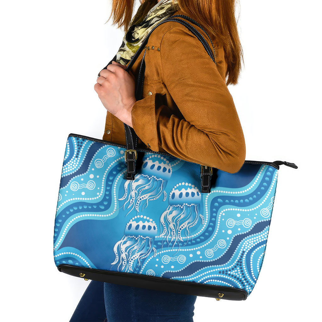 Aboriginal Ocean Jellyfish Leather Tote Bag Dot Art Dreamtime Style