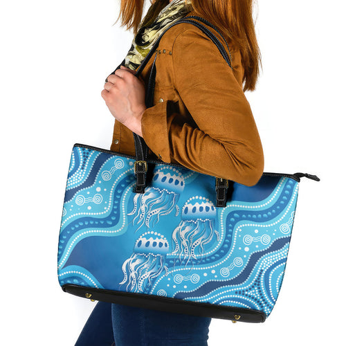 Aboriginal Ocean Jellyfish Leather Tote Bag Dot Art Dreamtime Style