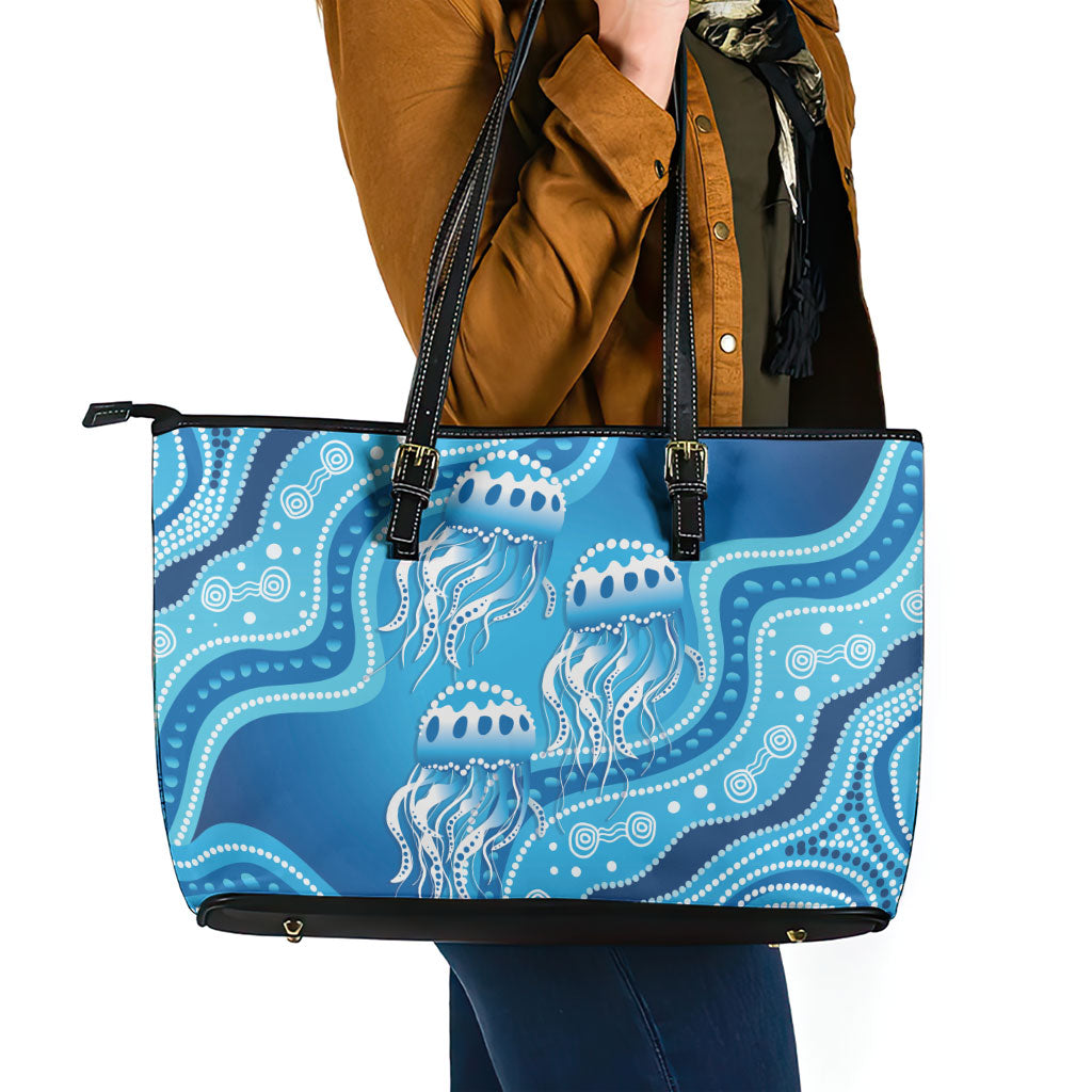 Aboriginal Ocean Jellyfish Leather Tote Bag Dot Art Dreamtime Style