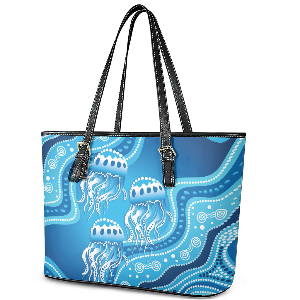 Aboriginal Ocean Jellyfish Leather Tote Bag Dot Art Dreamtime Style