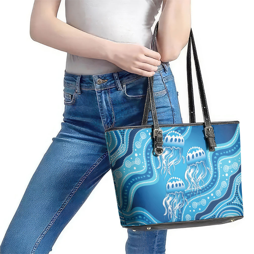 Aboriginal Ocean Jellyfish Leather Tote Bag Dot Art Dreamtime Style