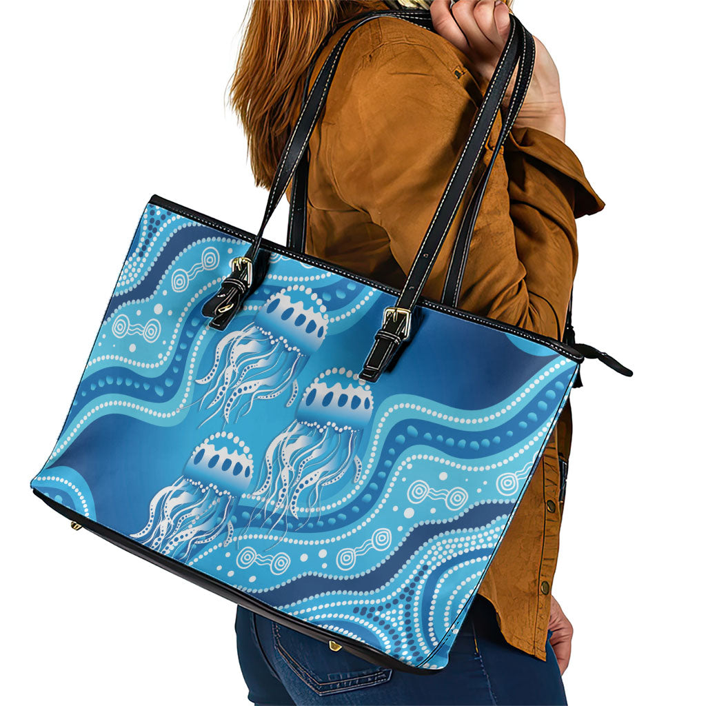 Aboriginal Ocean Jellyfish Leather Tote Bag Dot Art Dreamtime Style