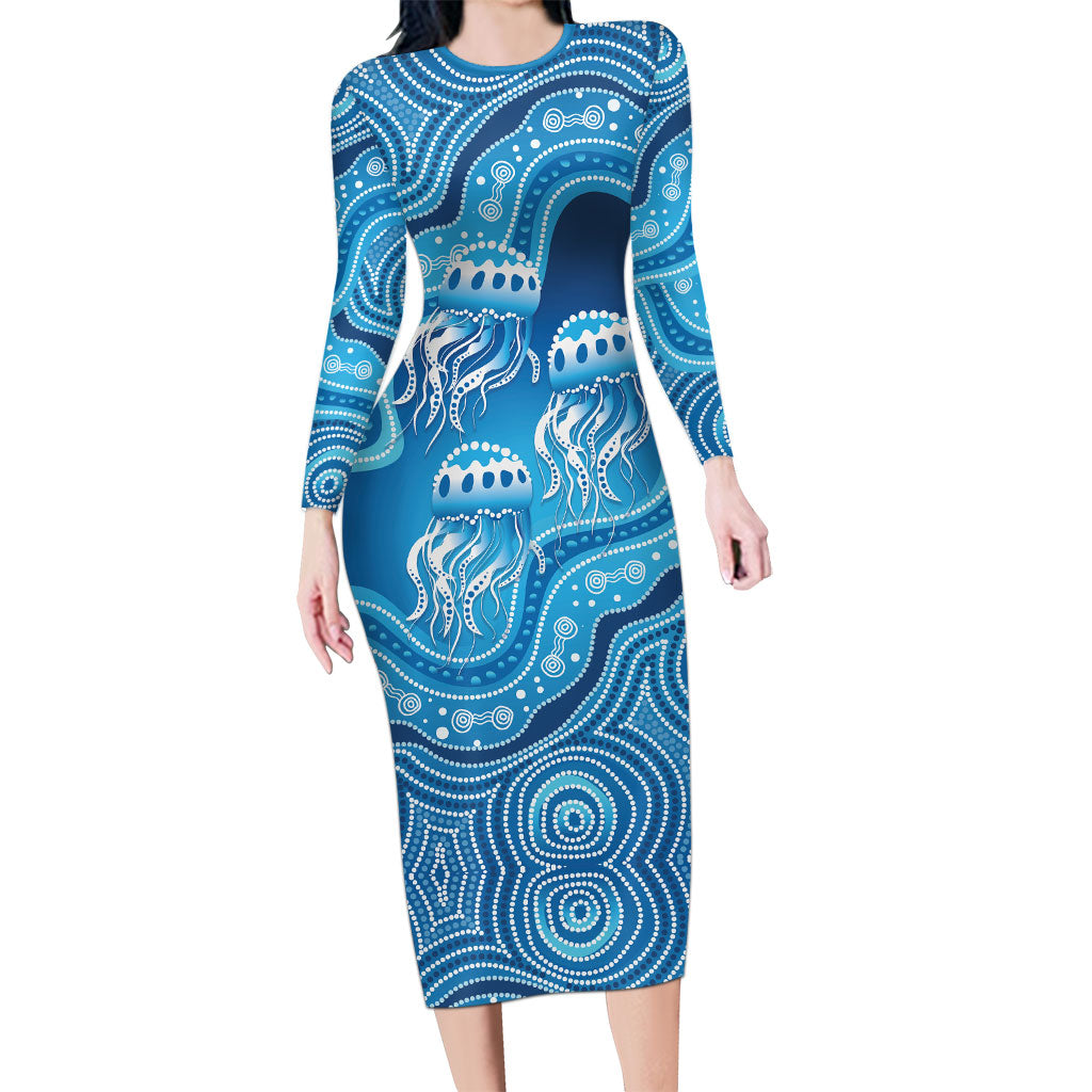 Aboriginal Ocean Jellyfish Long Sleeve Bodycon Dress Dot Art Dreamtime Style