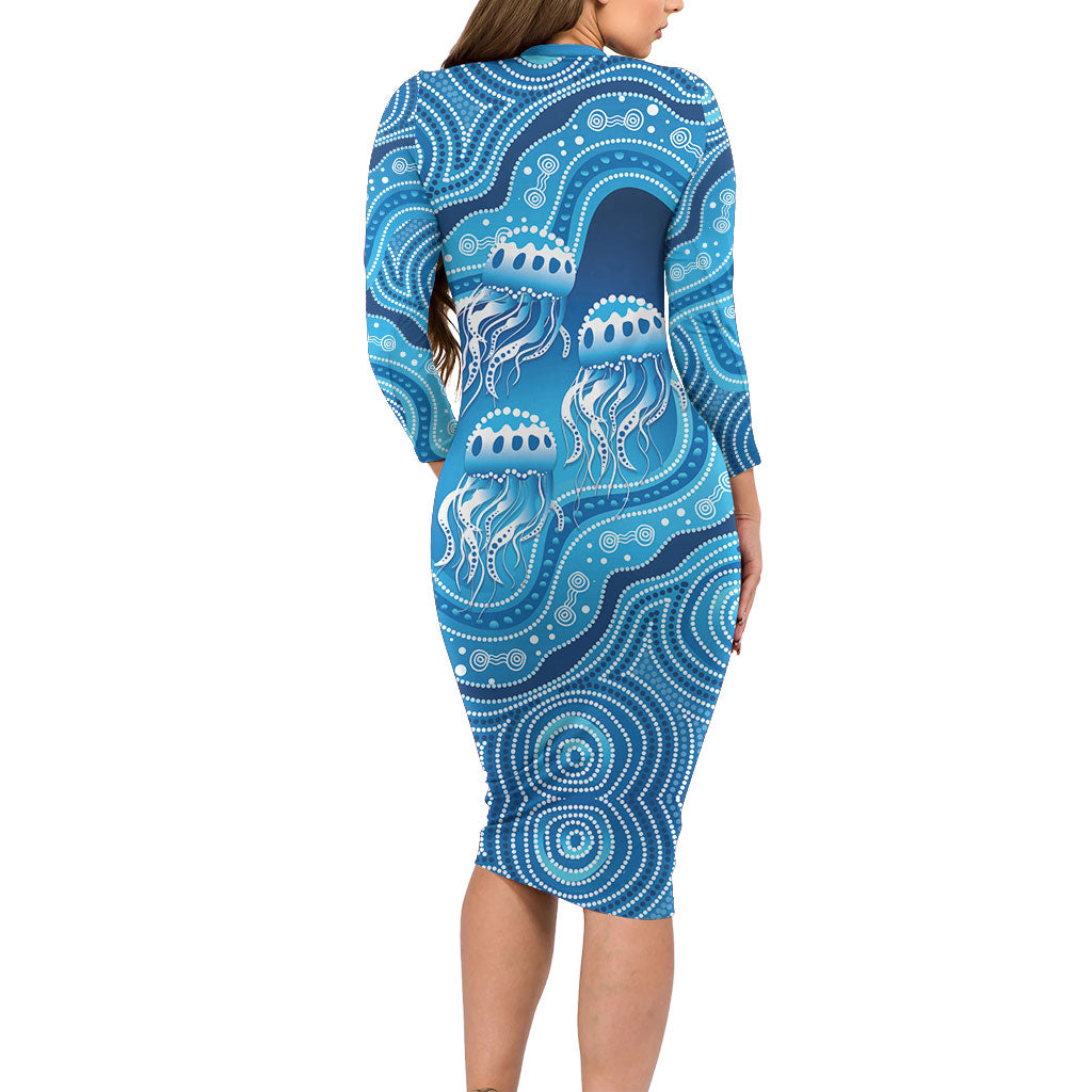 Aboriginal Ocean Jellyfish Long Sleeve Bodycon Dress Dot Art Dreamtime Style