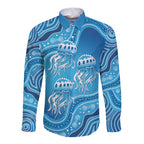 Aboriginal Ocean Jellyfish Long Sleeve Button Shirt Dot Art Dreamtime Style