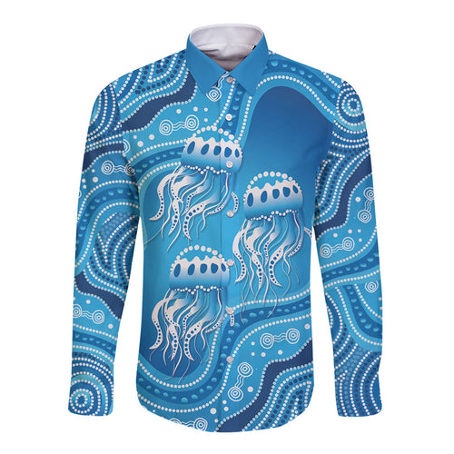 Aboriginal Ocean Jellyfish Long Sleeve Button Shirt Dot Art Dreamtime Style
