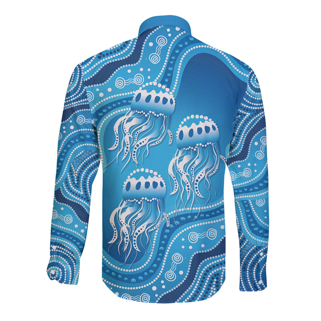 Aboriginal Ocean Jellyfish Long Sleeve Button Shirt Dot Art Dreamtime Style