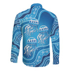 Aboriginal Ocean Jellyfish Long Sleeve Button Shirt Dot Art Dreamtime Style