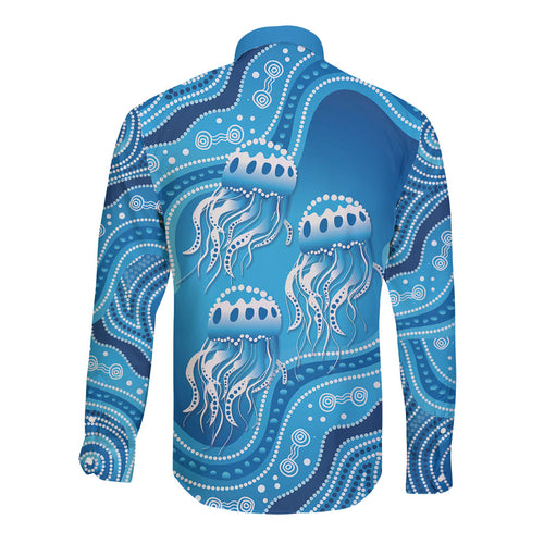Aboriginal Ocean Jellyfish Long Sleeve Button Shirt Dot Art Dreamtime Style
