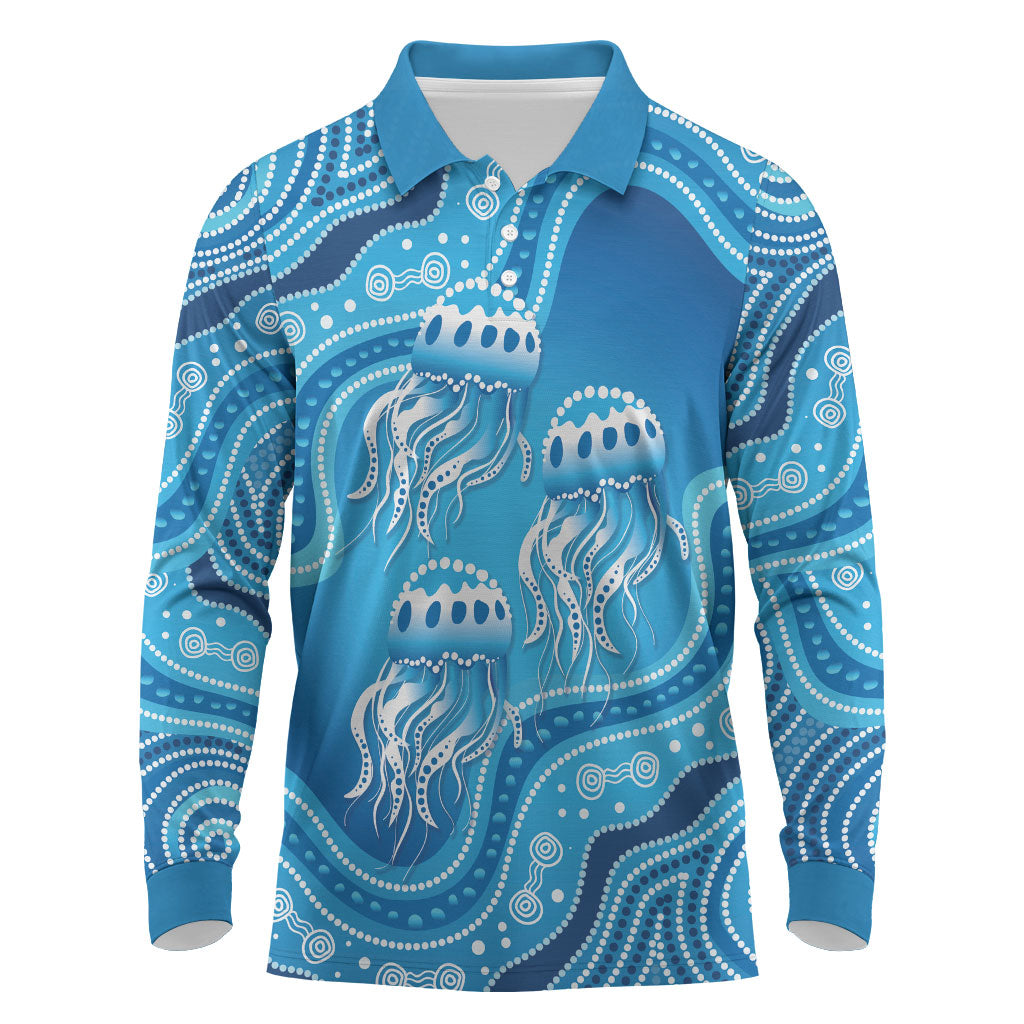 Aboriginal Ocean Jellyfish Long Sleeve Polo Shirt Dot Art Dreamtime Style