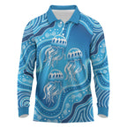 Aboriginal Ocean Jellyfish Long Sleeve Polo Shirt Dot Art Dreamtime Style