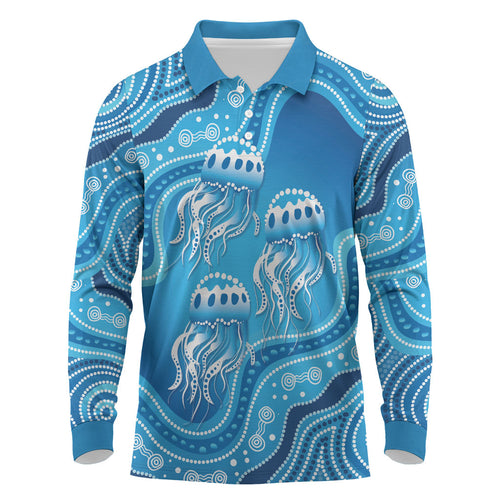 Aboriginal Ocean Jellyfish Long Sleeve Polo Shirt Dot Art Dreamtime Style